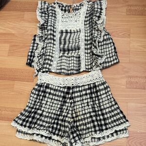 Free People Black and White Plaid Crochet Trim Two-Piece Set